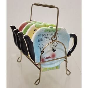 Vtg Tea Bag Holder Set "I Will Hold The Tea Bag" Anthropomorphic Fruit Orig. Tag
